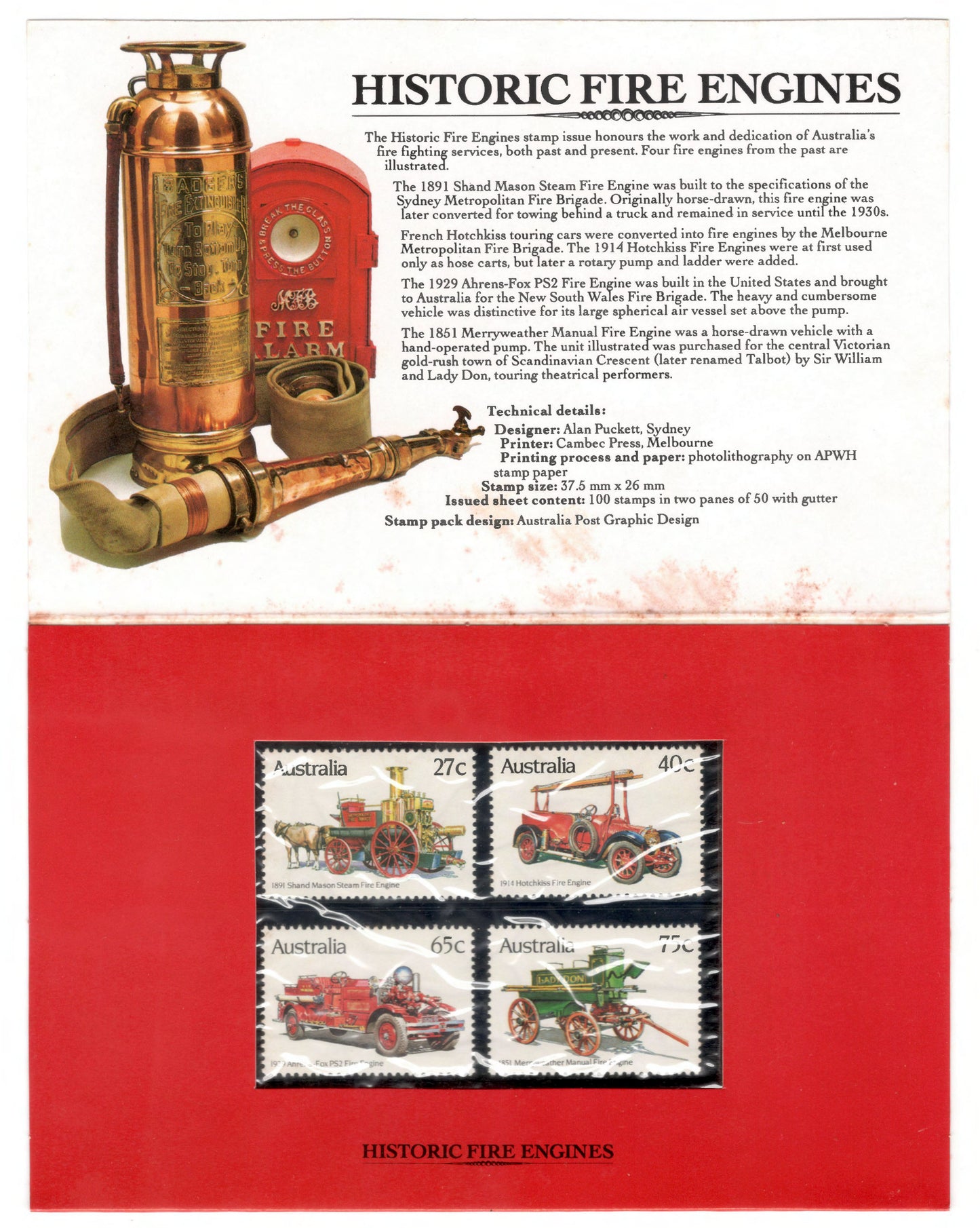 Australia 1983 Historic Fire Engines Stamp Pack Australia Post Pack (POP)