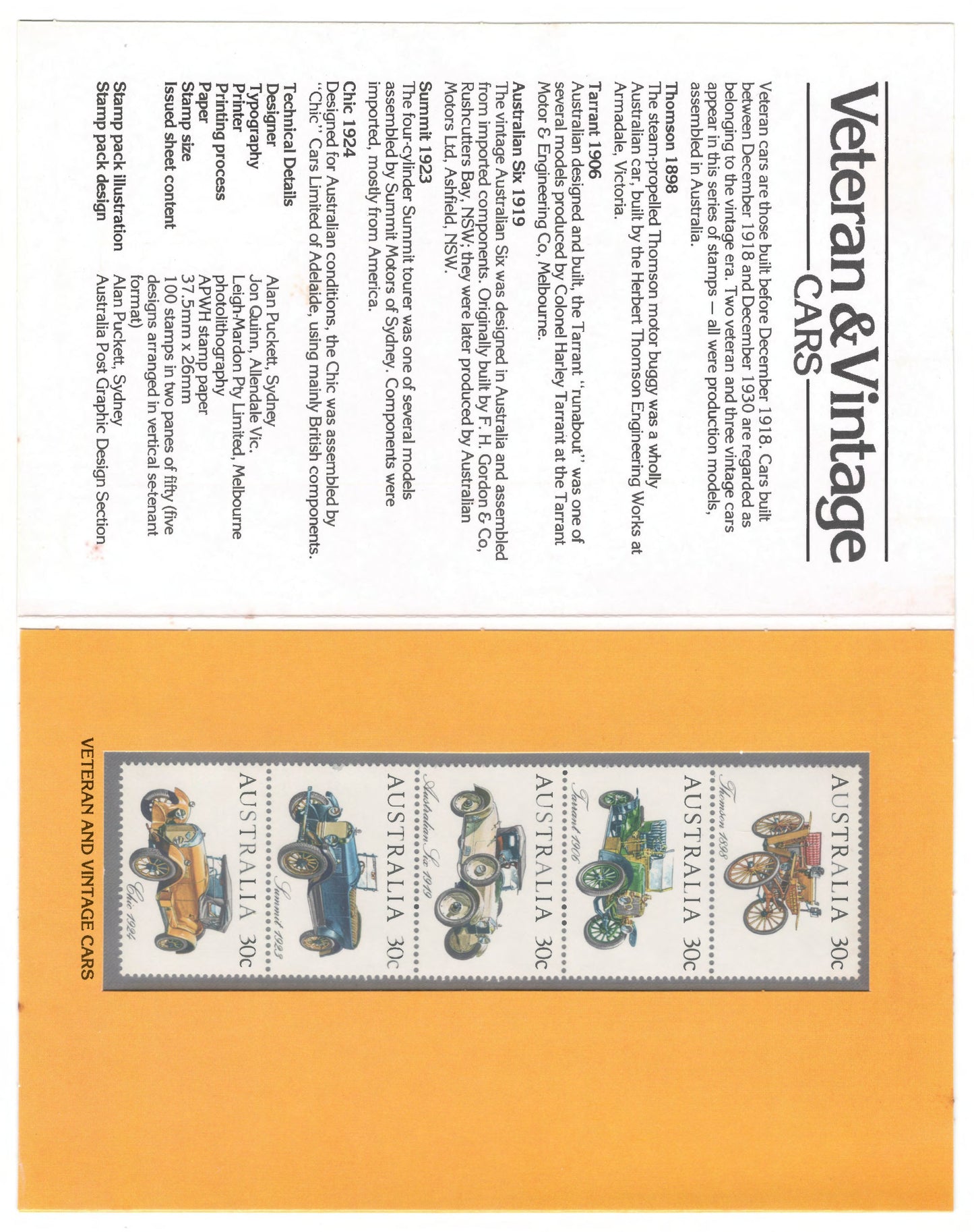 Australia 1984 Veteran & Vintage Cars Stamp Pack Australia Post Pack (POP)