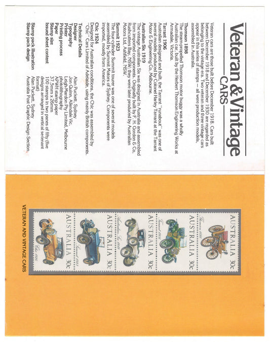 Australia 1984 Veteran & Vintage Cars Stamp Pack Australia Post Pack (POP)