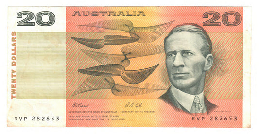 Australian 1991 20 Dollar Fraser Cole Banknote s/n RVP 282653 - Circulated