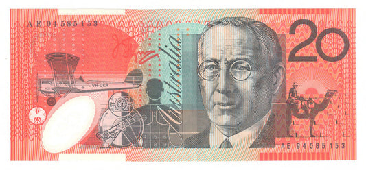 Australian 1994 20 Dollar Fraser Evans Polymer Banknote s/n AE 94585153- Circulated
