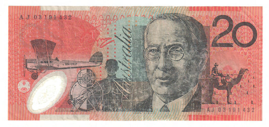 Australian 2003 20 Dollar MacFarlane Henry Polymer Banknote s/n AJ 03191432 - Circulated
