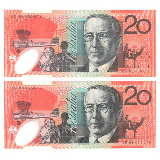 Australian 2008 20 Dollar Stevens Henry Polymer Banknote Pair s/n DD 08456678 & 9 - Uncirculated