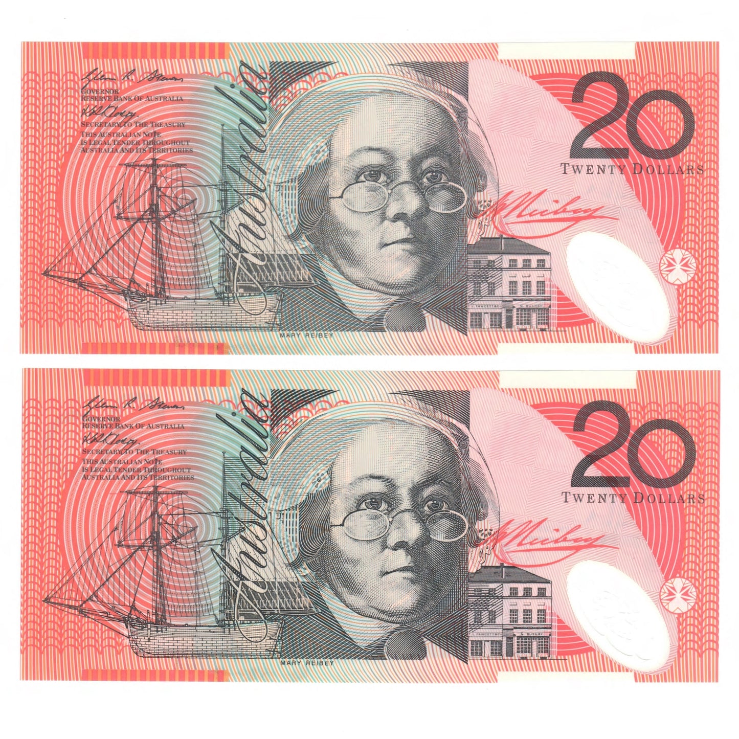 Australian 2008 20 Dollar Stevens Henry Polymer Banknote Pair s/n DD 08456678 & 9 - Uncirculated