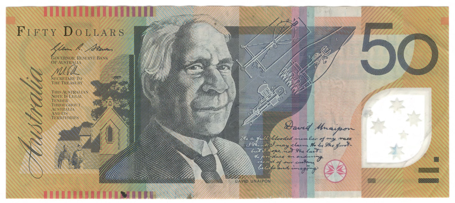Australian 2013 50 Dollar Stevens Parkinson Polymer Banknote s/n FH 13329385