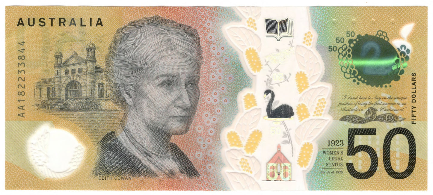Australian 2018 50 Dollar Lowe Fraser Polymer Banknote s/n AA 1882233844