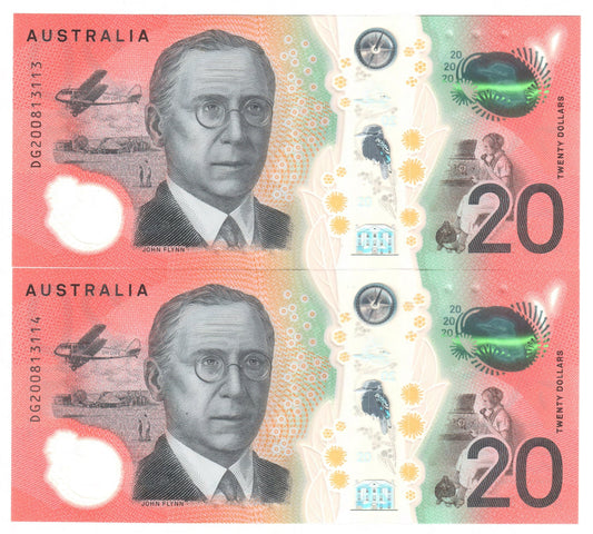 Australian 2020 20 Dollar Lowe Kennedy Polymer Banknote Pair s/n DG200813113 & 4