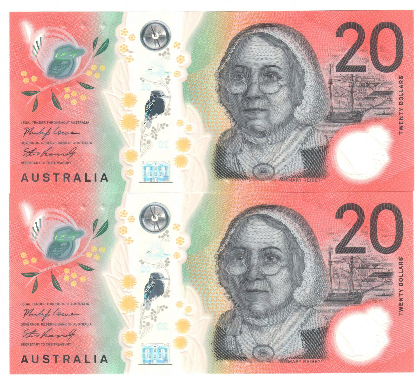 Australian 2020 20 Dollar Lowe Kennedy Polymer Banknote Pair s/n DG200813113 & 4