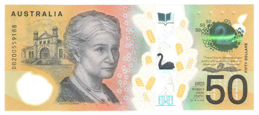 Australian 2020 50 Dollar Lowe Gaetjens Polymer Banknote s/n DB200559188 - Circulated