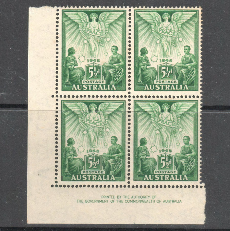 Australian 1945 5 1/2d Green Peace Stamp LLH Corner Block of 4 MUH