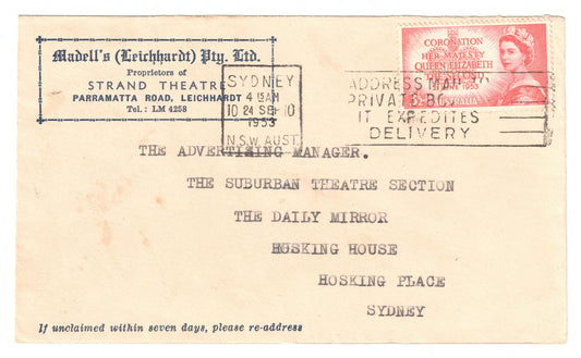 Australian Envelope To The Daily Mirror Hosking House Hosking Place Postmarked 1953