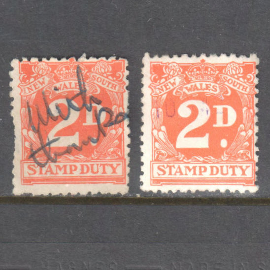 New South Wales 2d Orange Stamp Duty Stamps x 2 - Cancelled