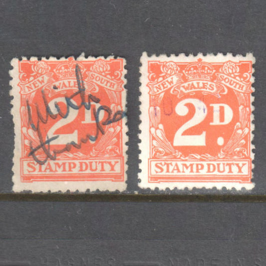 New South Wales 2d Orange Stamp Duty Stamps x 2 - Cancelled