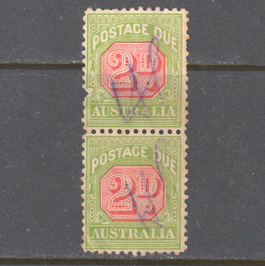 Australia 2d Green Postage Due CofA Watermark Vertical Stamp Pair - Cancelled