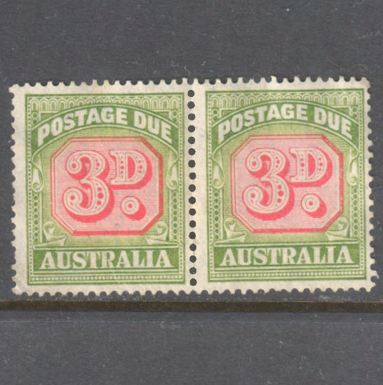 Australia 3d Green Postage Due CofA Watermark Horizontal 11 Perf Stamp Pair - Cancelled