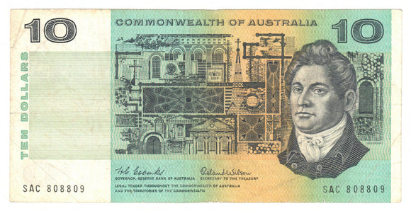 Australian 1966 10 Dollar Coombs Wilson COA Banknote s/n SAC 808809 - Circulated