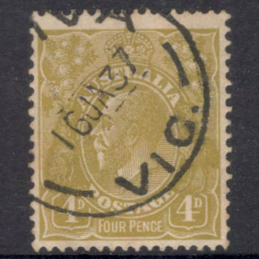 Australian 1918-1924 4d King George V Olive Yellow Stamp - Type 4 Watermark