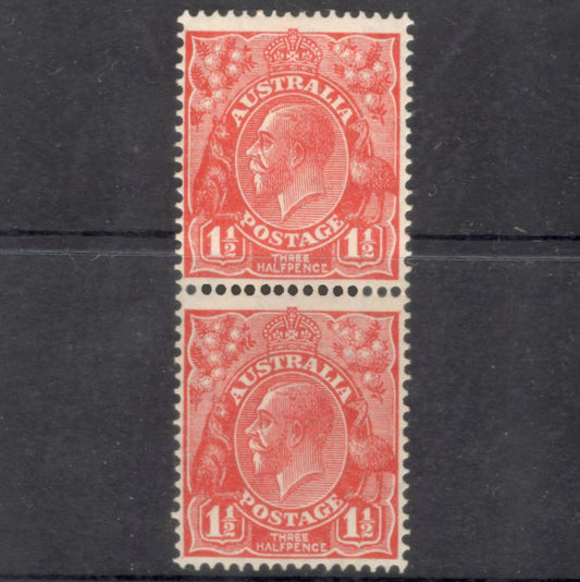 Australian 1926-1930 1 1/2d King George V Red Stamp Vertical Pair - Type 5 Watermark