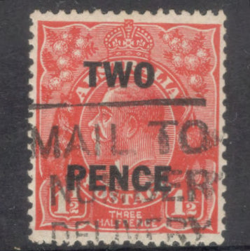 Australian 1930 2/1 1/2d King George V Red Stamp Surcharged - Type 5 Watermark