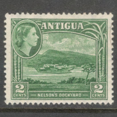 Caribbean Antigua 1963 2 Cent Green Landscapes Stamp - Perfin: 13.5x 13.0