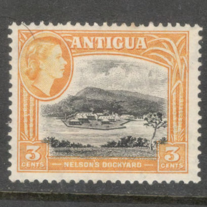 Caribbean Antigua 1963 3 Cent Yellowish Orange / Black Landscapes Stamp - Perfin: 13.5x 13.0
