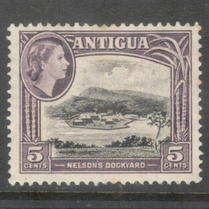 Caribbean Antigua 1963 5 Cent Brownish Violet / Black Landscapes Stamp - Perfin: 13.5x 13.0