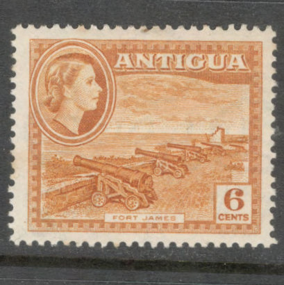 Caribbean Antigua 1963 6 Cent Ochre Landscapes Stamp - Perfin: 13.5x 13.0