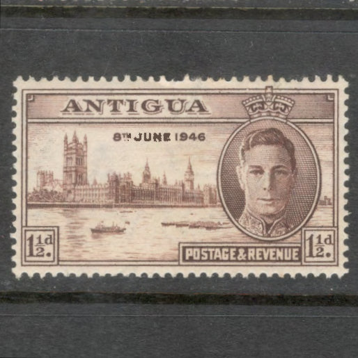 Caribbean Antigua 1946 1 1/2d Brown End of the World War II Stamp - Perfin: 13.5x 14.0