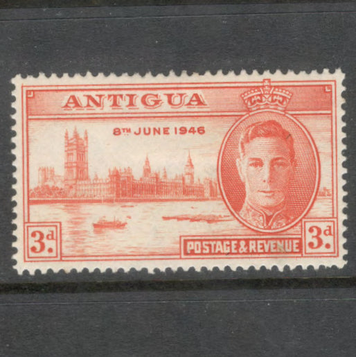 Caribbean Antigua 1946 3d Orange End of the World War II Stamp - Perfin: 13.5x 14.0