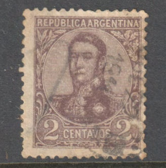 Argentina 1918 - 1920 2 Centavos Purple Brown General San Martin Stamp - Perf: 13.5-12.5