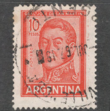 Argentina 1965 - 1966 10 Peso Scarlet Personalities General San Martin Stamp - Perf: 13.5