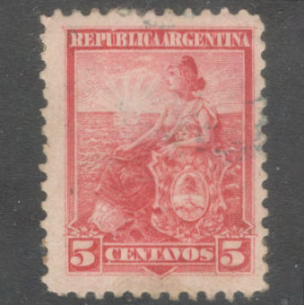 Argentina 1899 - 1903 5 Centavos Carmine Red Symbols of the Republic Stamp - Perf: 11.5