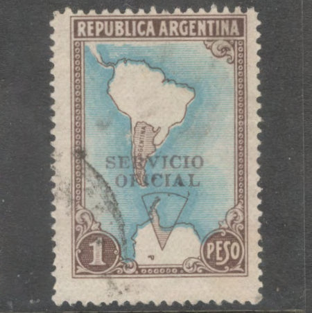 Argentina 1951 1 Peso Blue / Brown Map of South America and Antarctic Overprinted Servicio Oficial - Perf: 13.5x13.0