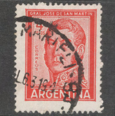 Argentina 1961 - 1969 4 Peso Orange Red Personalities General San Martin Stamp - Perf: 13.5