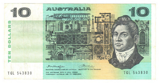 Australian 1976 10 Dollar Knight Wheeler Banknote s/n TGL 543830 - Circulated