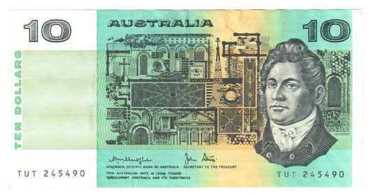 Australian 1979 10 Dollar Knight Stone Banknote s/n TUT 245490 - Circulated