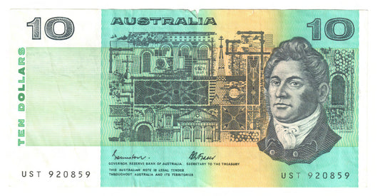 Australian 1985 10 Dollar Johnston Fraser Banknote s/n UST 920859 - Circulated