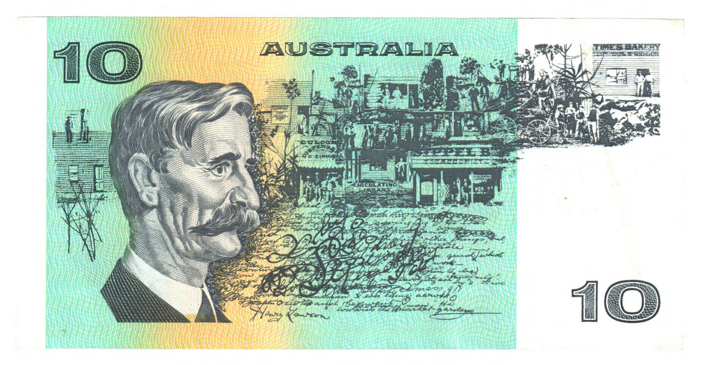 Australian 1985 10 Dollar Johnston Fraser Banknote s/n UUV 086762 - Circulated