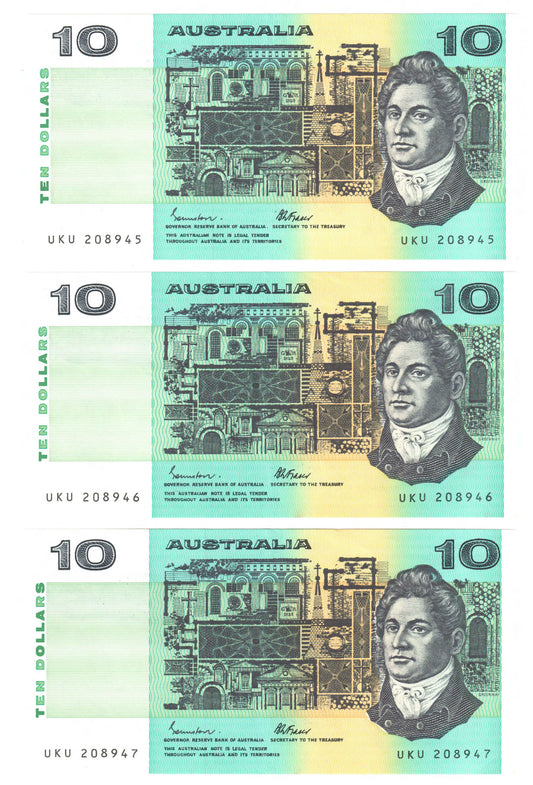 Australian 1985 10 Dollar Johnston Fraser Banknote Run Of 3 s/n UKU 208945 -47 - Uncirculated