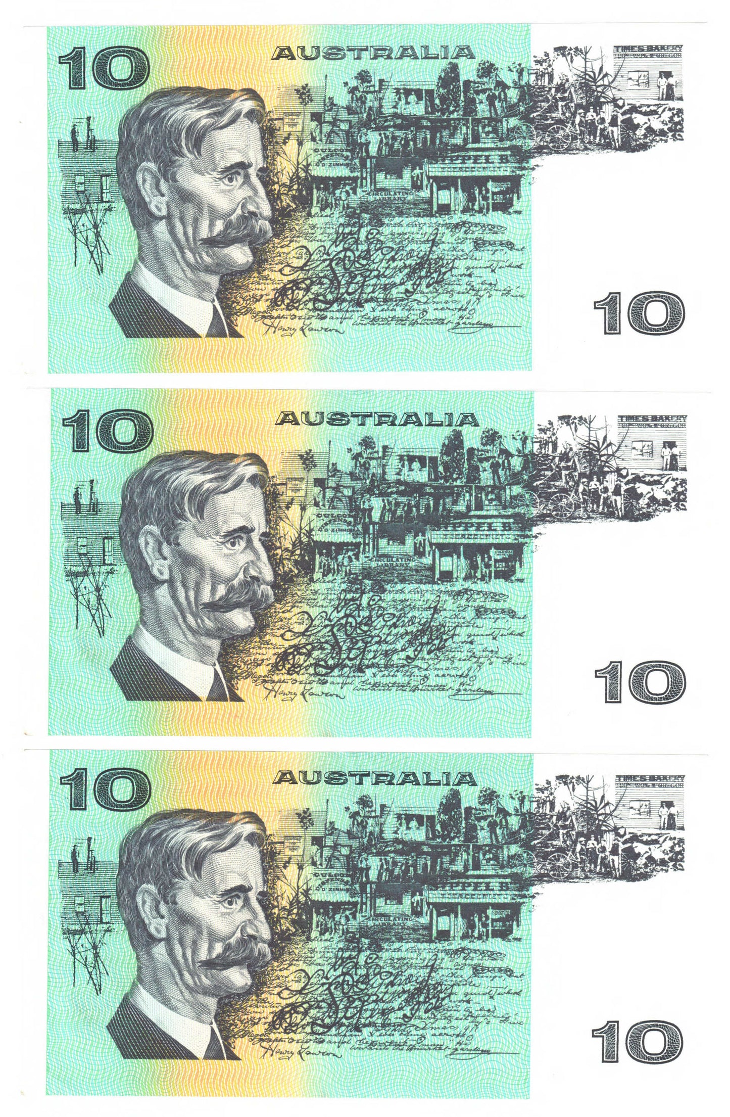 Australian 1985 10 Dollar Johnston Fraser Banknote Run Of 3 s/n UKU 208945 -47 - Uncirculated