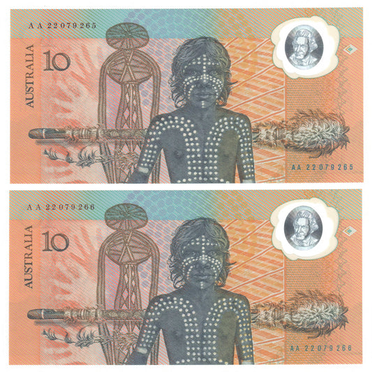 Australian 1988 10 Dollar Fraser Johnston Bicentennial Polymer Notes Consecutive Pair AA Prefix s/n AA 22079265 - 66 - Uncirculated In Blue Presentation Folders