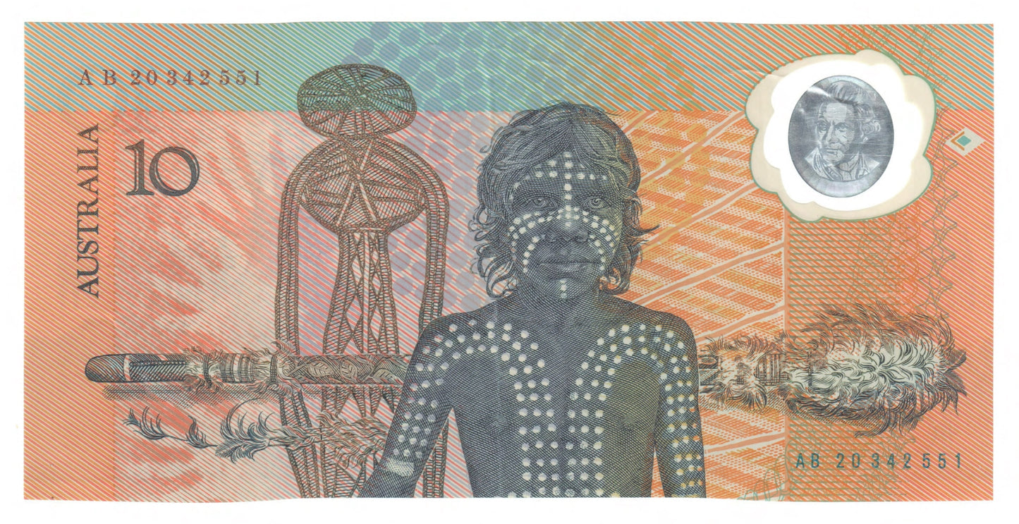 Australian 1988 10 Dollar Johnston Fraser Polymer Banknote s/n AB 20342551 - Circulated