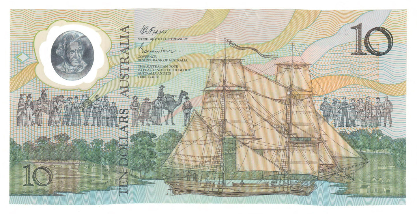 Australian 1988 10 Dollar Johnston Fraser Polymer Banknote s/n AB 20342551 - Circulated