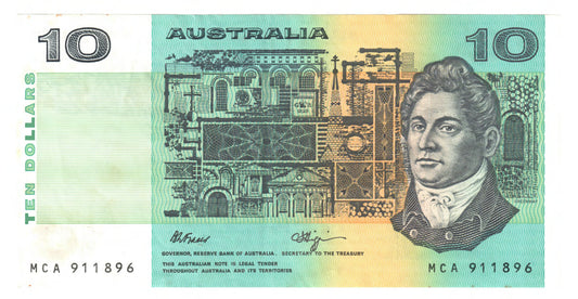 Australian 1990 10 Dollar Fraser Higgins Banknote s/n MCA 911896 - Circulated
