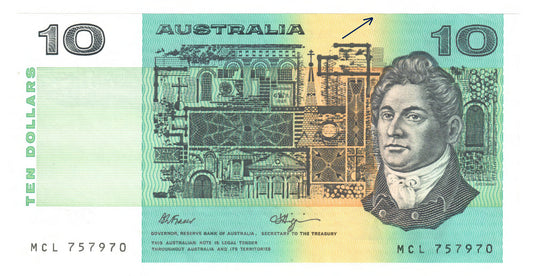 Australian 1990 10 Dollar Fraser Higgins Banknote s/n MCL 757970 - Uncirculated Error