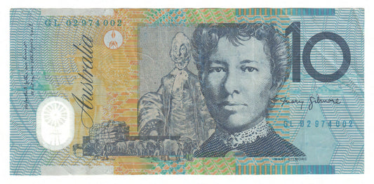 Australian 2002 10 Dollar MacFarlane Henry Polymer Banknote s/n GL 02974002- Circulated