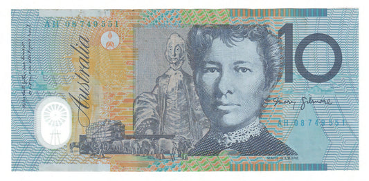 Australian 2008 10 Dollar Stevens Henry Polymer Banknote s/n AH 08749551 - Circulated