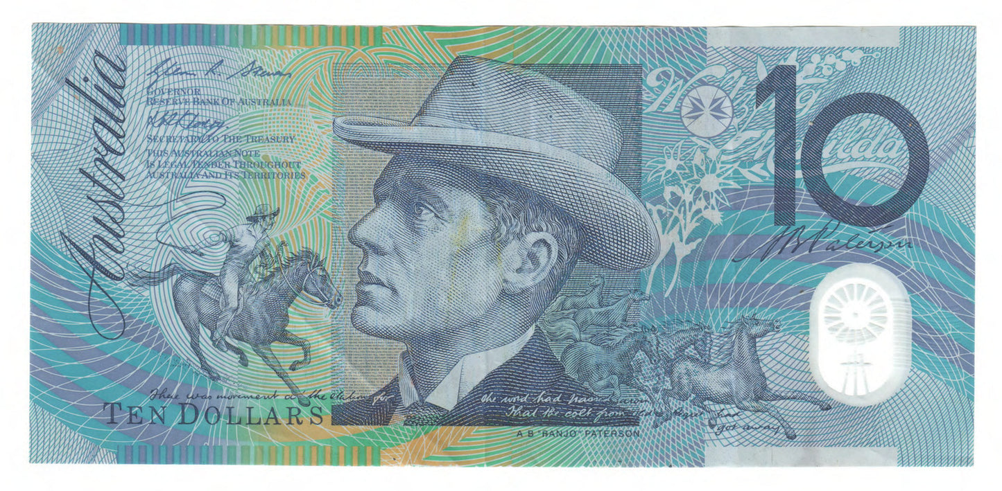 Australian 2008 10 Dollar Stevens Henry Polymer Banknote s/n AH 08749551 - Circulated