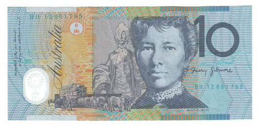 Australian 2012 10 Dollar Stevens Parkinson Polymer Banknote s/n BH 12661795 - Circulated