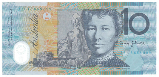 Australian 2013 10 Dollar Stevens Parkinson Polymer Banknote s/n AB 13658599 - Circulated